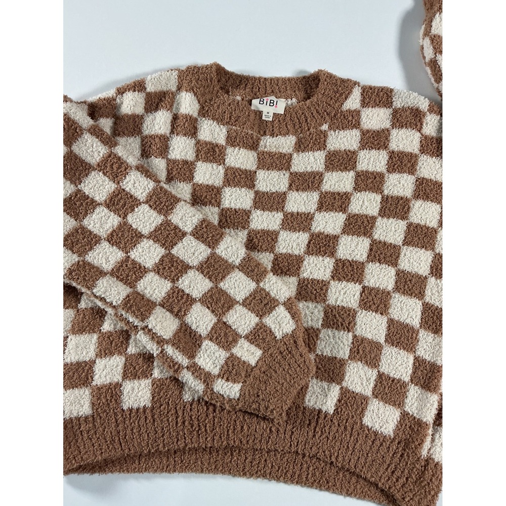 Bib! Brown Cream Checkerboard Fuzzy Knit Pullover Sweater Size M